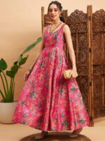 Shae by SASSAFRAS Pink & Green Floral Printed Sweetheart Neck Panelled Anarkali Kurta - Image 4