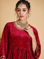 Shae by SASSAFRAS Women Fuchsia Empire Gotta Patti Velvet Kurta with Palazzos - Image 2
