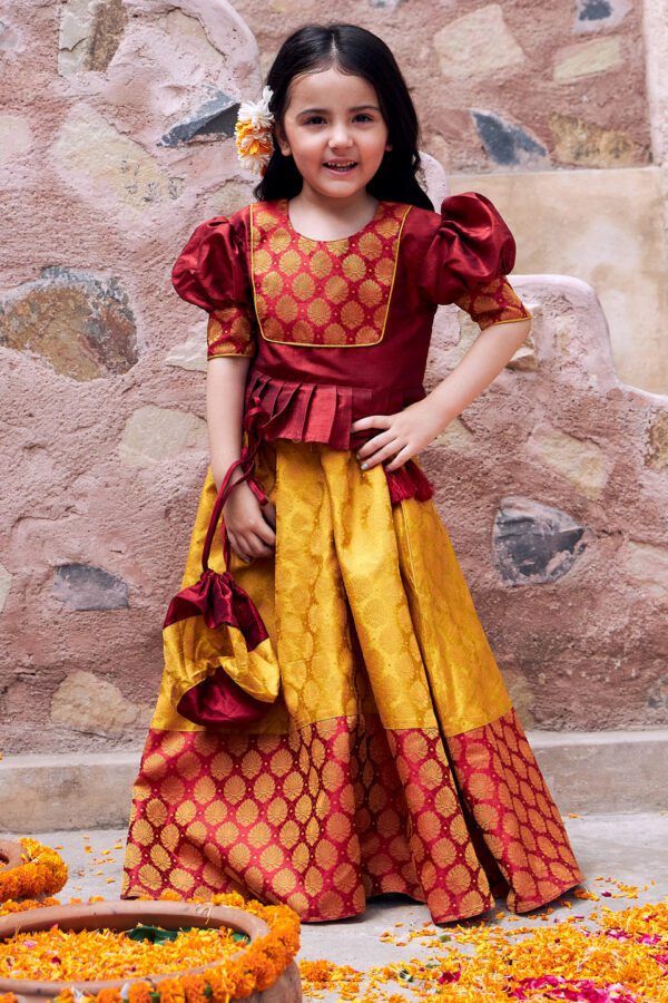 Girl's Maroon Jacquard Top And Skirt Set