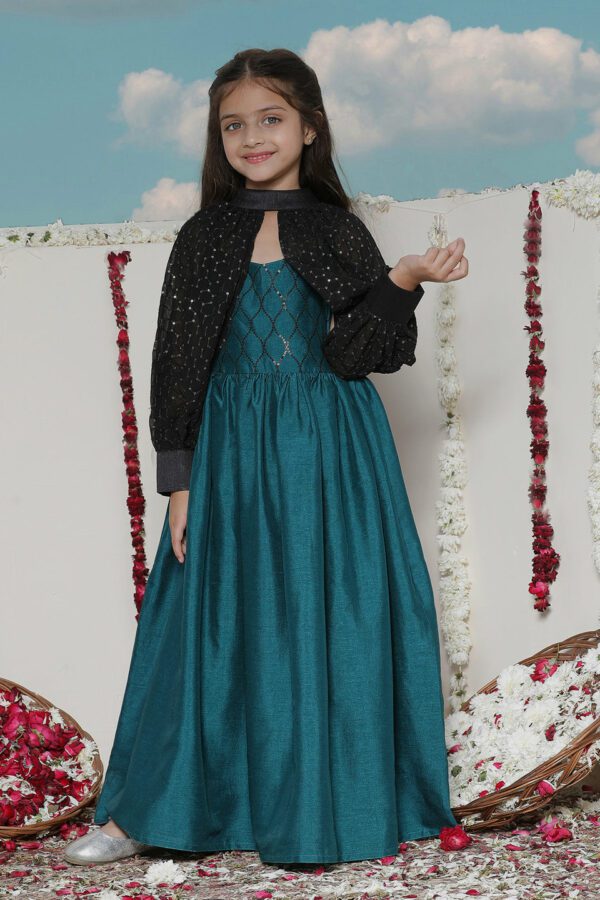 Girls' Green Sequinced Long dress With detachable Cuff Sleeves