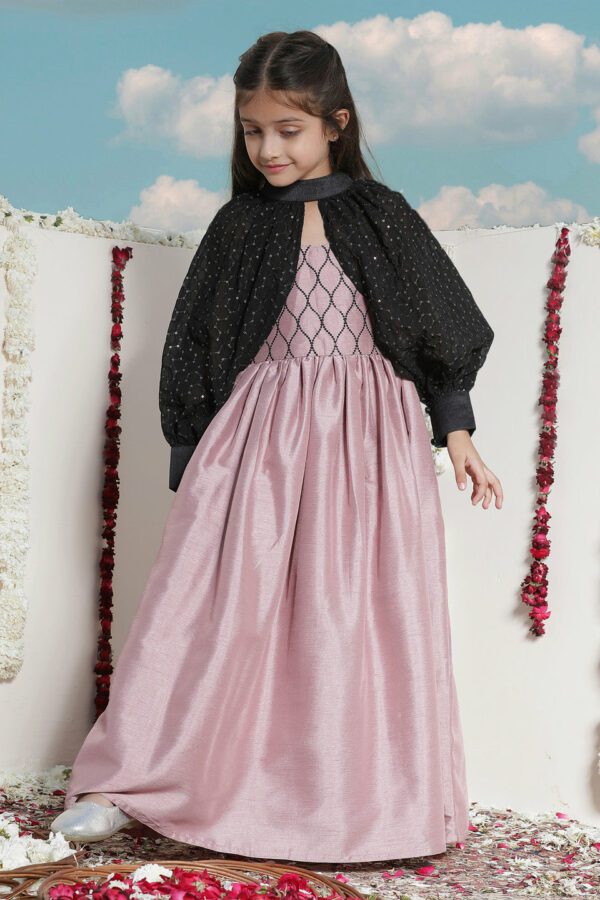 Girls' Pink Sequinced Long dress With detachable Cuff Sleeves