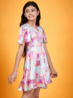 pspeaches Girls Abstract Printed V-Neck Flared Sleeves Tie-Up Satin Fit & Flare Dress - Image 3