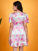 pspeaches Girls Abstract Printed V-Neck Flared Sleeves Tie-Up Satin Fit & Flare Dress - Image 5