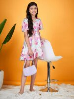 pspeaches Girls Abstract Printed V-Neck Flared Sleeves Tie-Up Satin Fit & Flare Dress - Image 7
