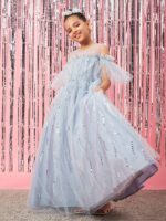 pspeaches Girls Embellished Cold-Shoulder Sleeves Net Fit & Flare Maxi Dress - Image 3