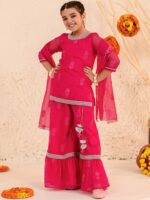 pspeaches Girls Floral Printed Thread Work Regular Kurta with Sharara & With Dupatta - Image 5