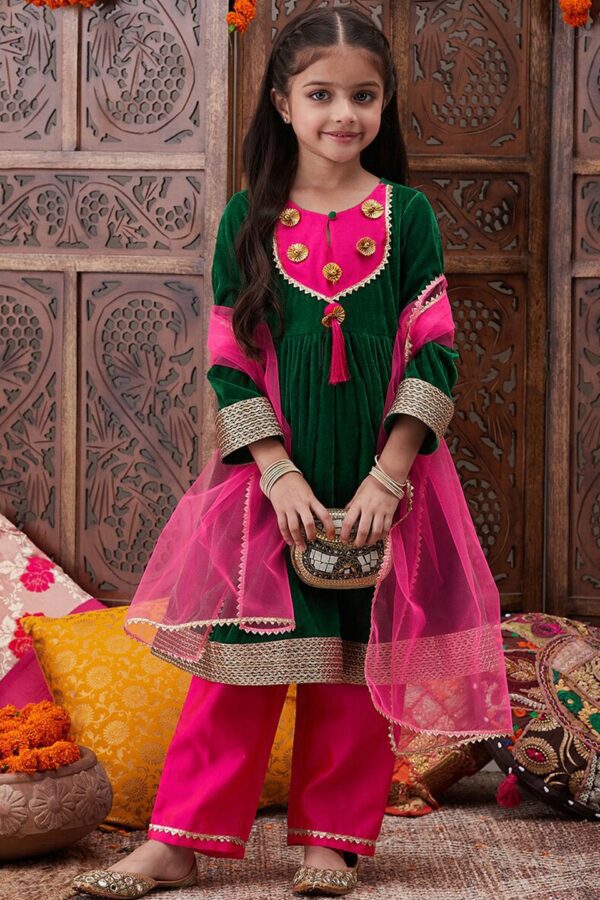 pspeaches Girls Gotta Patti Detail Anarkali Velvet Kurta & Trousers With Dupatta