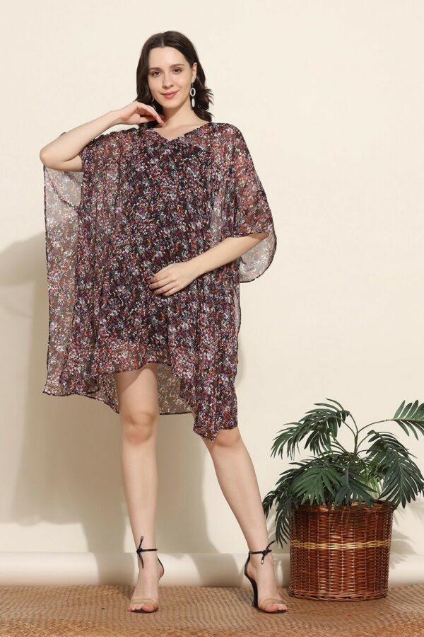 Aditi Wasan Floral Printed V-Neck Flared Sleeve Semi Sheer Kaftan Dress