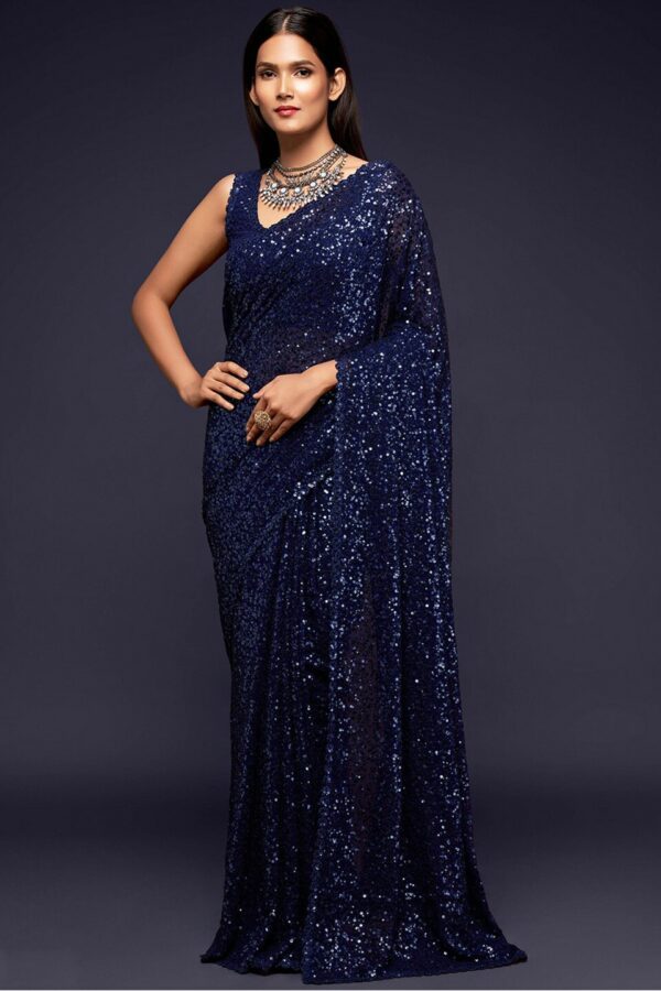 FABPIXEL Blue Embellished Sequinned Pure Georgette Saree