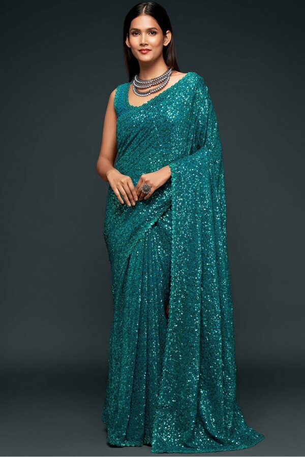 FABPIXEL Teal Embellished Sequinned Pure Georgette Saree