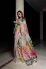 ORGANZA SILK OFF WHITE SAREE WITH TAFFETA GREEN BLOUSE
