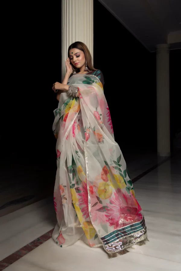 ORGANZA SILK OFF WHITE SAREE WITH TAFFETA GREEN BLOUSE