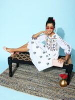 Indo Era Ethnic Motifs Embroidered Puff Sleeve Cotton A-Line Dress - Image 2