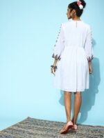 Indo Era Ethnic Motifs Embroidered Puff Sleeve Cotton A-Line Dress - Image 5