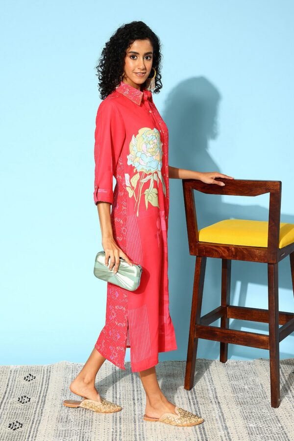 Indo Era Floral Print Shirt Midi Dress