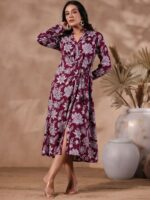 Ishin Floral Printed Gathered Detail Shirt Style Dress - Image 5
