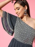 Libas Embellished Embroidered One Shoulder Flared Sleeves Georgette Maxi Dress - Image 3
