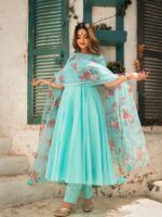 BLUE BERRY PURE COTTON ANARKALI SET WITH ORGANZA DUPATTA