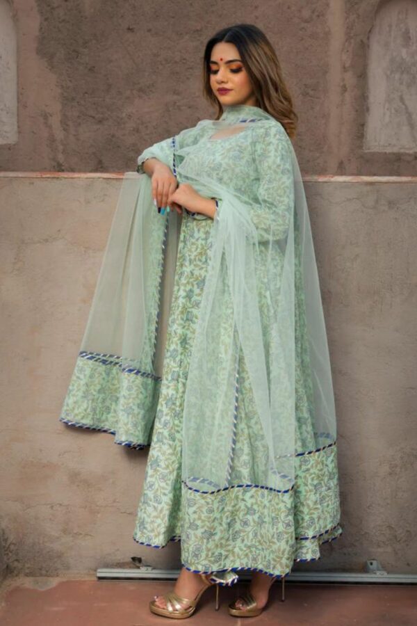 AQUA GREEN HAND BLOCK PRINT ANARKALI SET