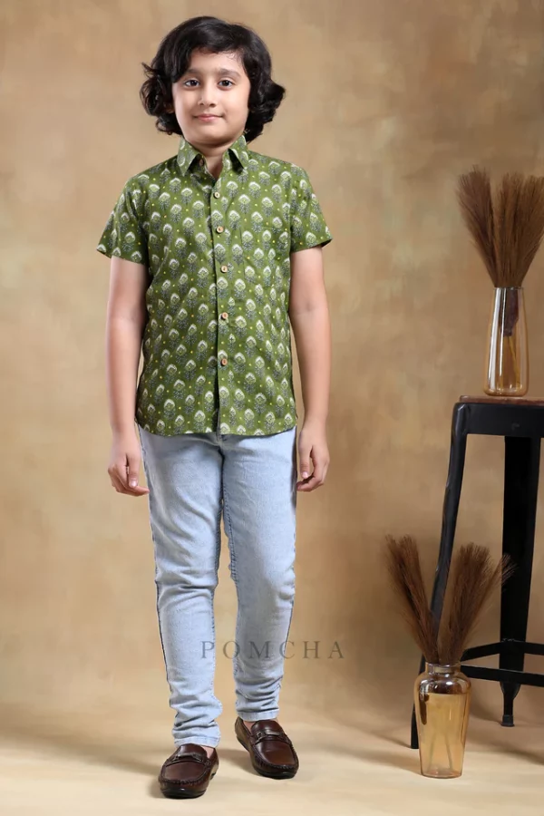 BACHPAN MEHENDI GREEN COTTON HAND BLOCK SHIRT