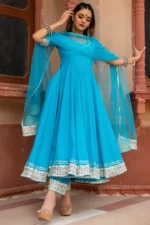 KALAMKARI BLUE PURE COTTON ANARKALI SET - Image 2
