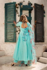 BLUE BERRY PURE COTTON ANARKALI SET WITH ORGANZA DUPATTA - Image 3