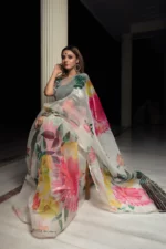 ORGANZA SILK OFF WHITE SAREE WITH TAFFETA GREEN BLOUSE - Image 4