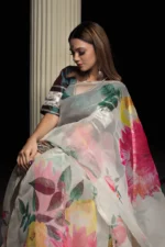 ORGANZA SILK OFF WHITE SAREE WITH TAFFETA GREEN BLOUSE - Image 5