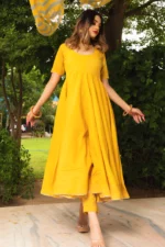ROSEMARRY YELLOW COTTON ANARKALI SET - Image 4