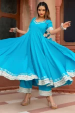 KALAMKARI BLUE PURE COTTON ANARKALI SET - Image 4