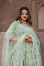 AQUA GREEN HAND BLOCK PRINT ANARKALI SET - Image 4