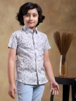 BACHPAN MOKSHA GREY COTTON HAND BLOCK HALF SLEEVE - Image 4