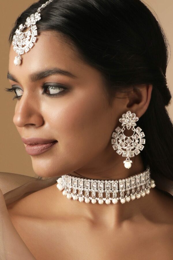 Rubans Rhodium-Plated AD Stone-Studded & Beaded Reverse Jewellery Set With Maangtikka
