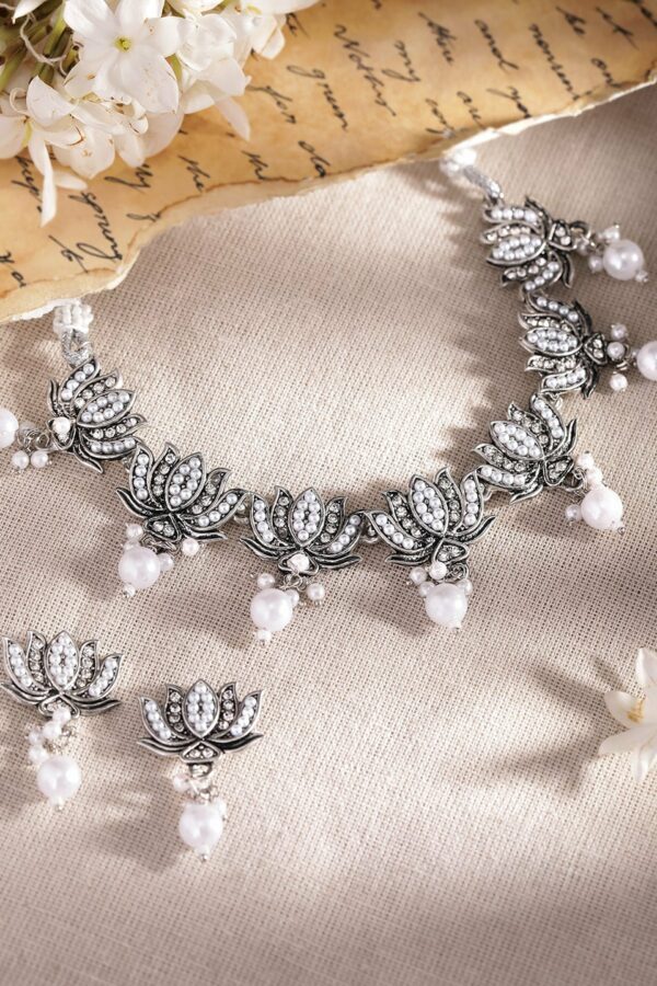 Rubans Silver-Plated Oxidized Pearl-Studded Necklace & Earrings