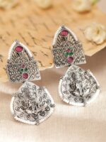 Rubans Silver Plated Stone Studded Oxidised Classic Drop Earrings - Image 2