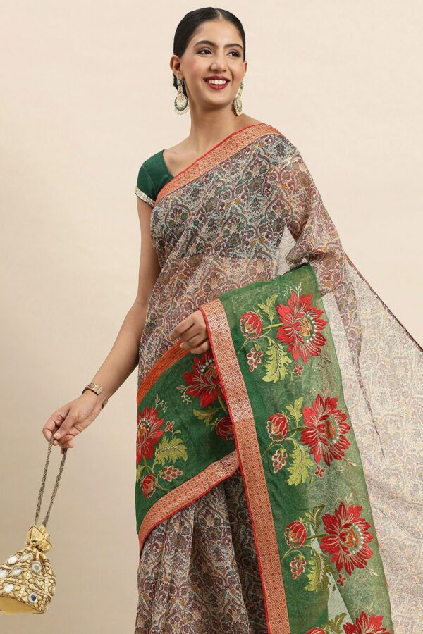SANGAM PRINTS Floral Embroidered Silk Blend Kota Saree