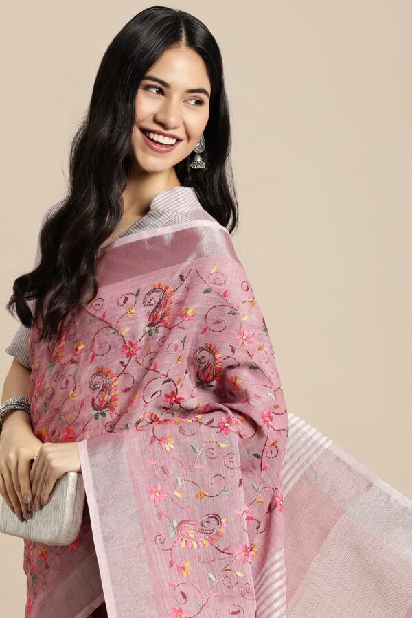 SANGAM PRINTS Mauve Floral Woven Design Linen Blend Saree