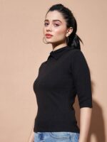 SASSAFRAS BASICS Ribbed Shirt Collar Cotton Top - Image 3