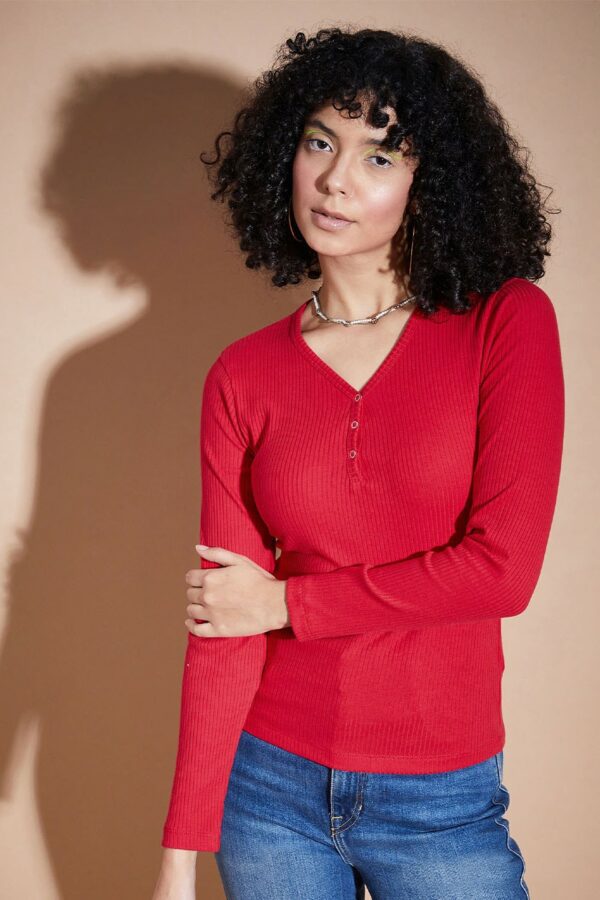 SASSAFRAS BASICS V-Neck Long Sleeves Ribbed Top