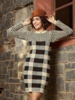 SASSAFRAS Beige Checked Round Neck Wool Jumper Dress