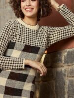 SASSAFRAS Beige Checked Round Neck Wool Jumper Dress - Image 2