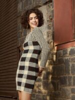 SASSAFRAS Beige Checked Round Neck Wool Jumper Dress - Image 3