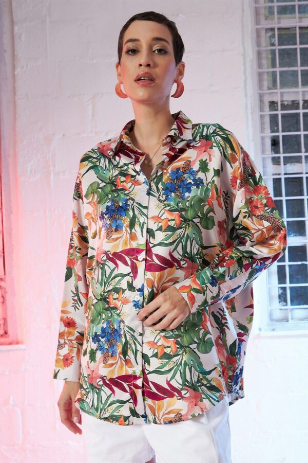SASSAFRAS Beige Comfort Oversized Floral Printed Satin Casual Shirt