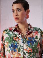 SASSAFRAS Beige Comfort Oversized Floral Printed Satin Casual Shirt - Image 2