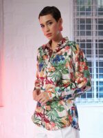 SASSAFRAS Beige Comfort Oversized Floral Printed Satin Casual Shirt - Image 3