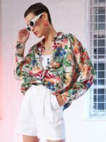 SASSAFRAS Beige Comfort Oversized Floral Printed Satin Casual Shirt - Image 6