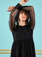 SASSAFRAS Black Embellished Detailed Gathered Detailed Fit & Flare Mini Dress - Image 2