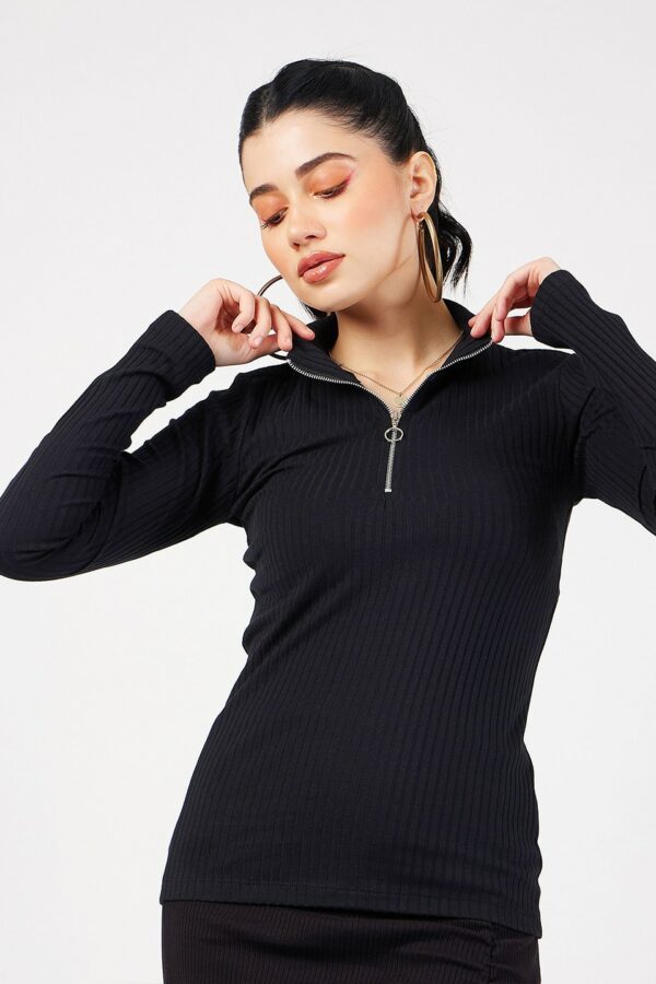 SASSAFRAS Black Ribbed High Neck Fitted Top
