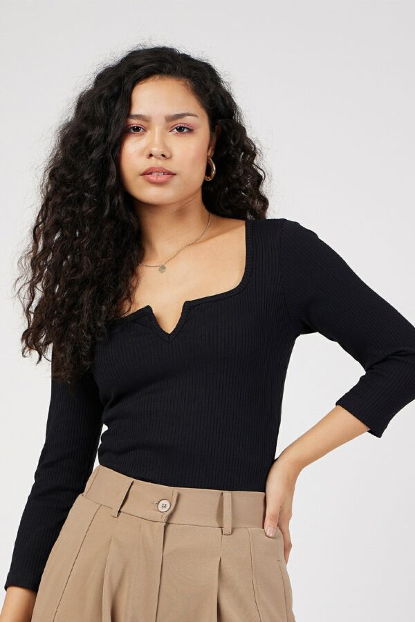 SASSAFRAS Black Ribbed Scoop Neck Fitted Top