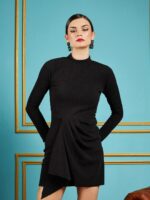 SASSAFRAS Black Self Design Gathered Detail High Neck Sheath Dress